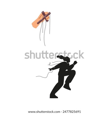 Freedom concept. Vector illustration of a female silhouette, black, breaking free from the ropes of the puppeteer, symbolizing liberation from manipulation on an isolated background.