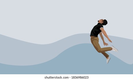 Freedom concept. A vector of male model jumping with vector sky 