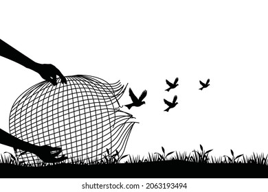 Freedom Concept Vector Silhouette, Birds Flying For Freedom From A Net Bird Trap, The Bird Released From The Net, Bird Set Free.