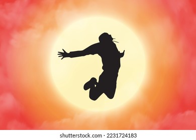 Freedom concept vector, silhouette of a person jumping with happiness. Happy Jump Silhouette. Freedom illustration.