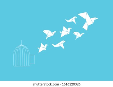 Freedom concept,Flying paper bird in origami style and cage,Vector illustration in blue background.