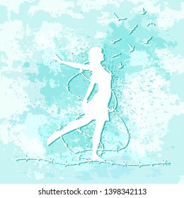 Freedom concept.Girl silhouette with barbed wire and birds on blue watercolor background. Release from barbed wire