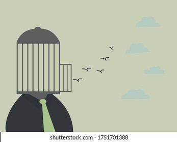 Freedom concept.Vector illustration of a bird flying out of jail in a human head showing a struggle, lacking creativity, limitations on freedom of thought