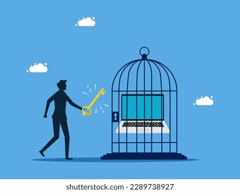 IT freedom control and unlocking. man unlocks laptop in cage