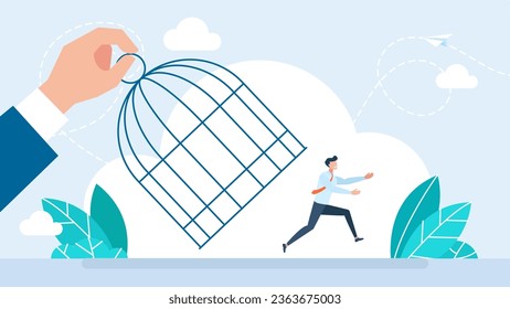 Freedom. Courage to escape for freedom, get out of comfort zone. Businessman runs away from the large birdcage. Hand capturing running businessman with birdcage, business concept. Vector illustration