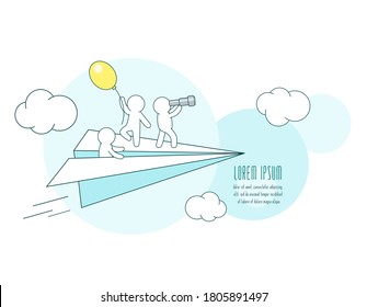 Freedom and creativity concept. Three little people on paper airplane. White puppets with balloon and spyglass on a flying paper plane. Travel and exploration. Vector illustration EPS8