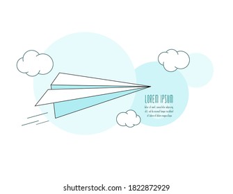 Freedom and creativity concept. Toy paper airplane flying in the sky. Travel and exploration. Vector illustration EPS8