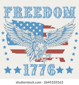Freedom Day 1776, Patriotic 4th Of July USA Sublimation T Shirt Design with eagle and USA flag.