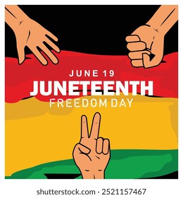 Día de la Libertad en Estados Unidos. Bandera panafricana con diferentes símbolos de mano. Concepto Juneteenth. Ilustración vectorial plana.