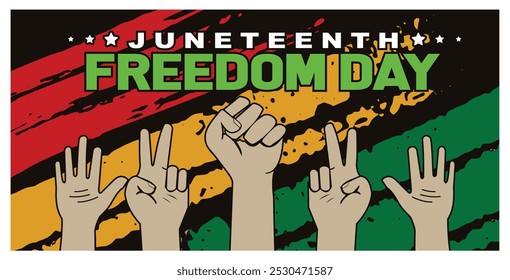 Freedom Day celebration with many hands. Remembering African-American history and heritage. Juneteenth concept. Flat vector illustration.