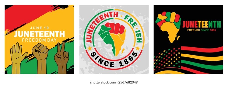 Freedom Day is June 19th. Hand-shaped Africa map design.Juneteenth celebrates black freedom. Juneteenth month concept. Set flat vector illustration.