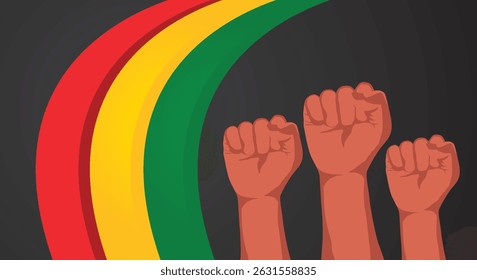 Freedom day poster, black background with red yellow green flag and clenched fist