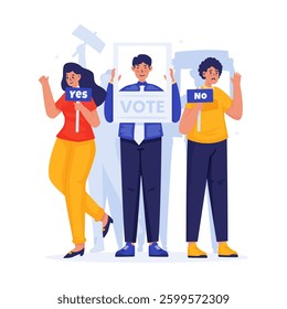 Freedom to election vote concept with candidate character, a girl with yes sign and a man with no sign vector illustration