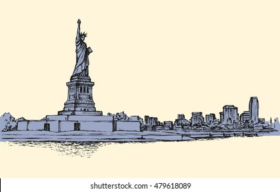 Freedom Enlightening the World, famous big woman figure on island in NYC harbor. Freehand outline ink hand drawn background sketch in art doodle antique style pen on paper with space for text on sky