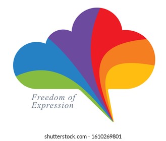 Freedom of expression vector concept shown with speech bubble in a shape of cloud and different colors of rainbow, opinion diversity, express yourself.