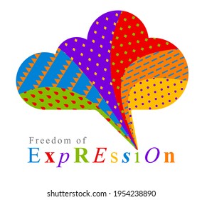 Freedom of expression vector concept shown with speech bubble in a shape of cloud and different colors of rainbow, opinion diversity, express yourself.