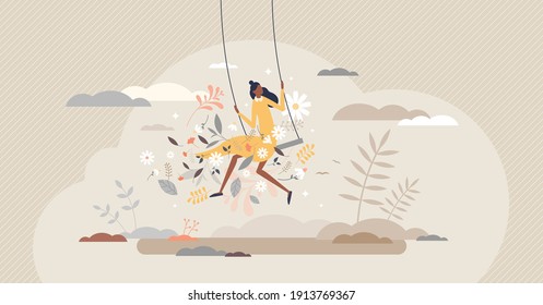 Freedom female as happy and care free positive lifestyle tiny person concept. Woman with easy energy and chill attitude vector illustration. Mental confidence and wellness from mindful relaxation.