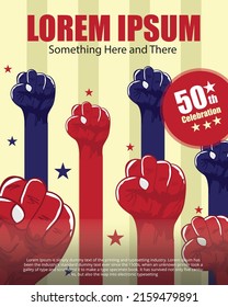 Freedom fight or protest banner poster vector illustration with hand risen fists. Dummy promotional text.