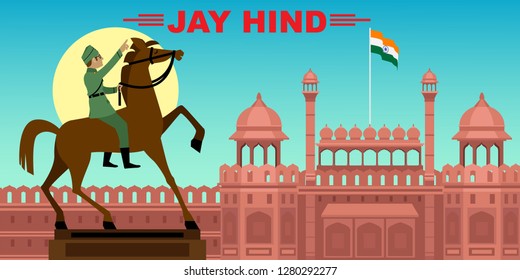 Freedom Fighter and National Hero of India Netaji Subhash Chandra Bose In front of Res fort. Vector illustration