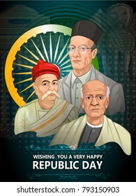 Freedom Fighter and National Hero of India Sardar Vallabhbhai Patel, Bal Gangadhar Tilak and Vir Savarkar. Vector illustration