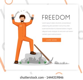 Freedom fighter vector landing page template. Liberated prisoner, convict in uniform with broken shackles with victorious gesture flat character. Human rights organization homepage design layout