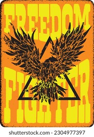 Freedom fighter, vintage poster, retro poster, Inferno, epic, blazing bird, west, mascot, silhouette, flaming eagle, 