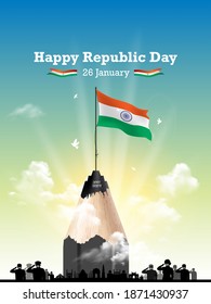 Freedom fighters India, Independence day concept  Republic Day background. 26 January, saluting celebrating  and remembering army Amar Jawan and monuments skyline illustration