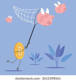 Freedom of finance, money without borders, accumulation of wealth, electronic money. Vector icons bitcoin, piggy bank, profitable investments, receiving interest on deposit, cryptocurrency