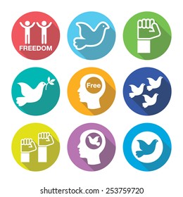 Freedom flat deign round icons set - dove and fist symbols