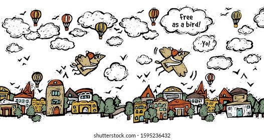 Freedom fly bird sky clouds houses isolate objects on white