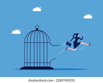 Freedom and get out comfort zone. Businesswoman escapes from prison. business concept.