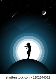Freedom girl looking at moon silhouette at night sky 