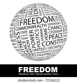 FREEDOM. Globe with different association terms. Wordcloud vector illustration.