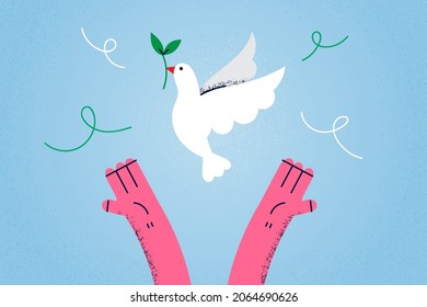 Freedom and good news concept. Human hands releasing white dove pigeon with green leaves plant in beak over blue air background vector illustration 