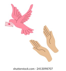 Freedom and good news concept. Human hands releasing a dove with a letter in its beak on a white background, vector illustration