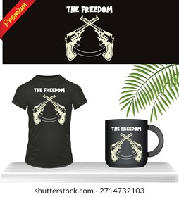 El logotipo de la pistola de la libertad de impresión gráfica de Vector en la camiseta negra y taza de café. Mercancía de silueta de arma simbólica y audaz. Diseño de vestimenta con temática militar, patriótica o de protesta de Antiguas.