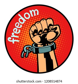 freedom hand torn chain icon symbol circle emblem. Comic cartoon pop art retro vector illustration drawing