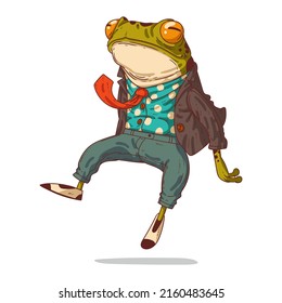 Freedom. A Hipster Frog Hovering in the Air, isolated vector illustration. Happy floating humanized toad. Trendy dressed anthropomorphic frog, jumping with joy. An animal character with a human body