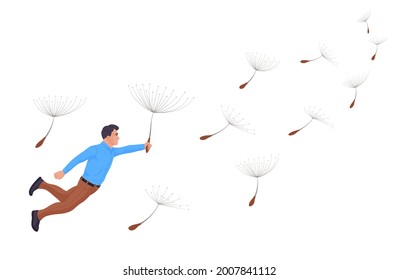 Freedom and hope, meditation in peace for human wellness. Carefree male business person flying on dandelion feeling freedom, independence and zen vector illustration isolated on white background