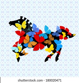 Freedom horse, butterflies, background pattern layered 