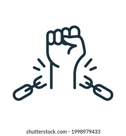 Freedom and Human Rights concept. Broken Shackles with Fist Raised Up Linear Icon. Chain of slavery Damaged. National Freedom Day Juneteenth. Editable stroke. Vector illustration.