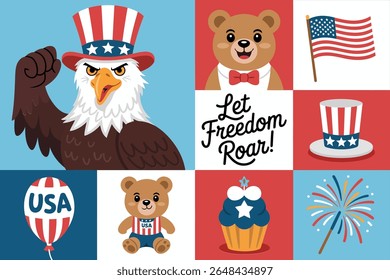 Freedom icon bundle. Bald eagle, teddy bear, firework, hat, cup, glasses, flag stickers arranged in square grid with let freedom roar message