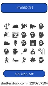  freedom icon set. 25 filled freedom icons. Simple modern icons about  - Scale, Beret, Dove, Protest, Mind, Parrot, Peace, Hot air balloon, Kite, Wingsuit, Marijuana