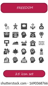 freedom icon set. 25 filled freedom icons. Included Kite, Wingsuit, Scale, Motivation, Peace, Mind, Hot air balloon, Beret, Barbed wire, Pigeon, Marijuana, Prisioner, Dove icons