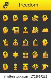 Freiheitsymbol-Set. 26 gefüllte Freiheitssymbole.  Einfache, moderne Symbole wie: Mind, Kite, Pelican, Peace, Scales, Taube, Beret, Dove, Vogelkäfig, Glaube, Marijuana, Scale, Gleitschirm