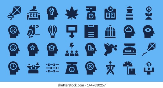 freedom icon set. 32 filled freedom icons. on blue background style Simple modern icons about  - Kite, Mind, White house, Parrot, Scale, Hot air balloon, Barbed wire, Marijuana