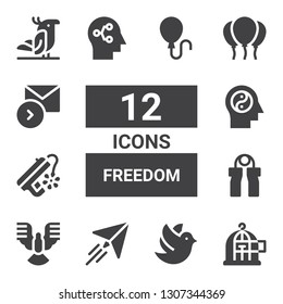 freedom icon set. Collection of 12 filled freedom icons included Freedom, Dove, Paper plane, Grip, Peace, Mind, Balloons, Sending, Parrot, Balloon