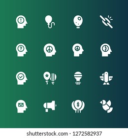 freedom icon set. Collection of 16 filled freedom icons included Dove, Balloon, Protest, Mind, Eagle, Hot air balloon, Balloons, Peace, Broken link