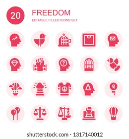 freedom icon set. Collection of 20 filled freedom icons included Mind, Seagull, Freedom, Scale, Barbed wire, Bird cage, Dove, Hot air balloon, Heaven, Peace, Balloon, Fist