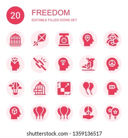 freedom icon set. Collection of 20 filled freedom icons included Cage, Kite, Scale, Mind, Dove, Broken link, Parrot, Peace, Hot air balloon, Freedom, Balloon, Balloons